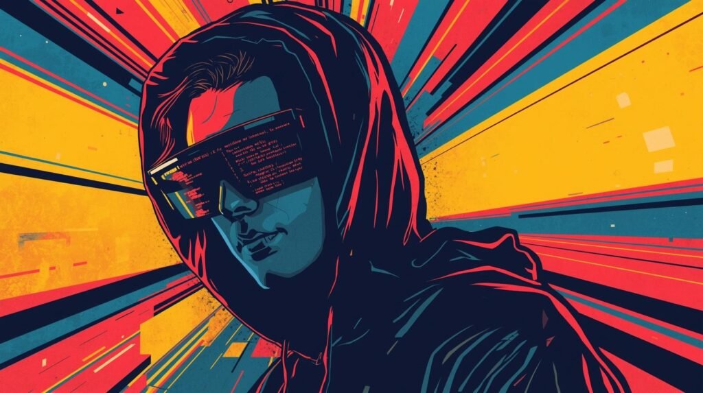 Futuristic cyberpunk character with hood, reflective sunglasses, digital code, vibrant dynamic background.
