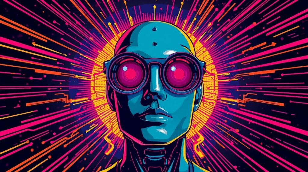 Futuristic robotic figure with neon colors, reflective glasses, and dynamic radiant patterns.