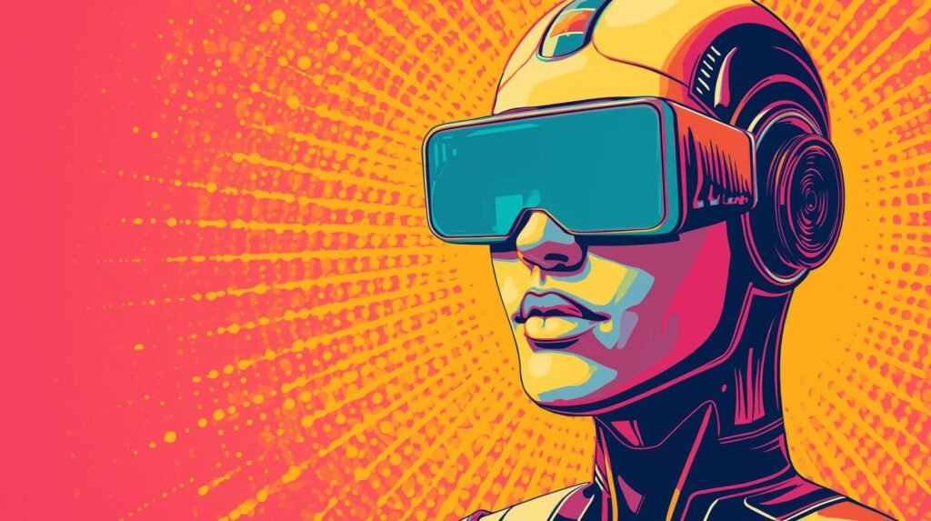 Futuristic cyborg wearing vibrant VR goggles, showcasing advanced technology and colorful digital art.