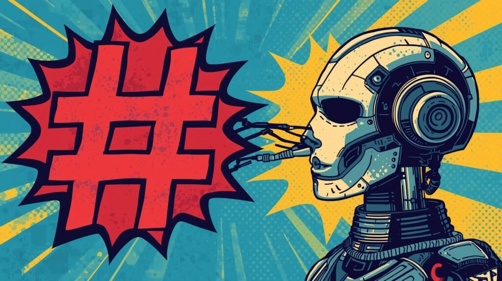 Pop-art robot with hashtag, embodying digital culture and technology themes.