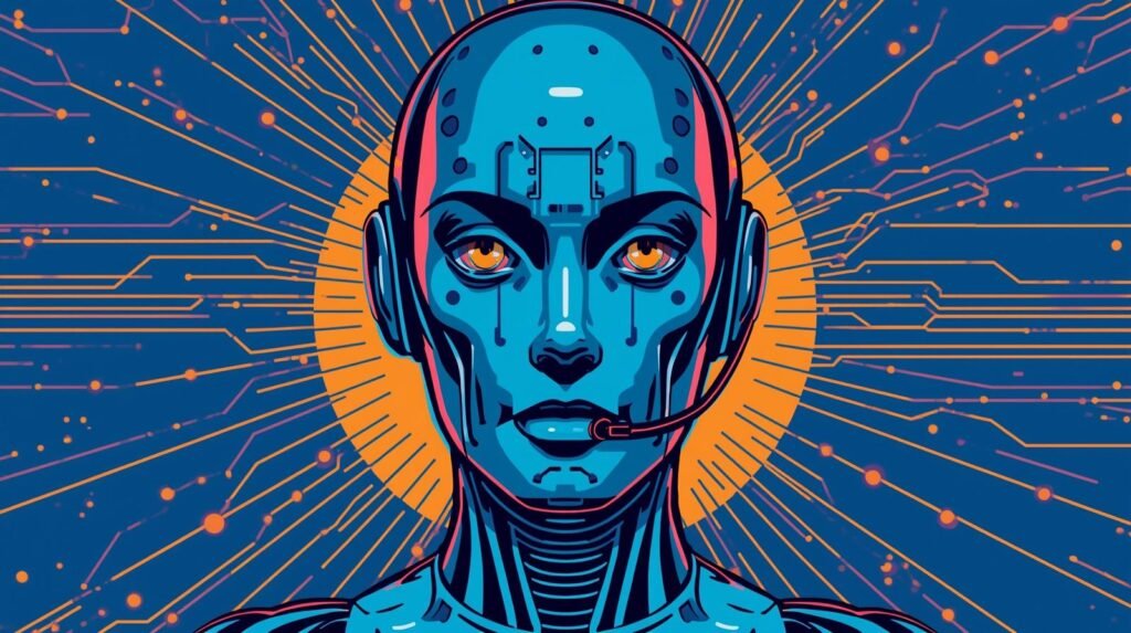 Futuristic blue humanoid robot with orange halo, symbolizing AI intelligence and connectivity.