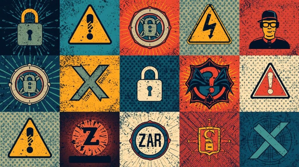 Zero Trust Architecture and IAM for Freelancers and Ethical Hacking Labs🧩 5 Colorful grid of symbols: padlocks, warnings, retro icons, conveying caution, authority, and mystery.