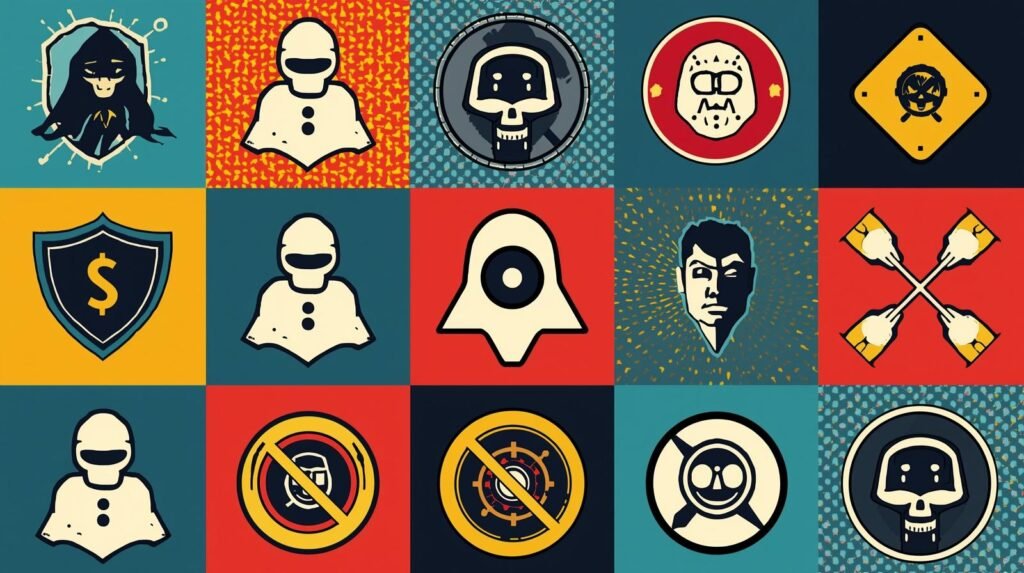 OWASP Top 10 Cybersecurity: 7 Dangerous Security Shifts Reshaping Defence 🧭 4 Graphic symbols grid showcasing abstract icons, themes of anonymity, surveillance, and power dynamics.