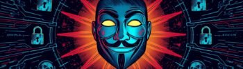 Colorful Guy Fawkes mask with digital circuit background symbolizing anonymity and digital resistance.