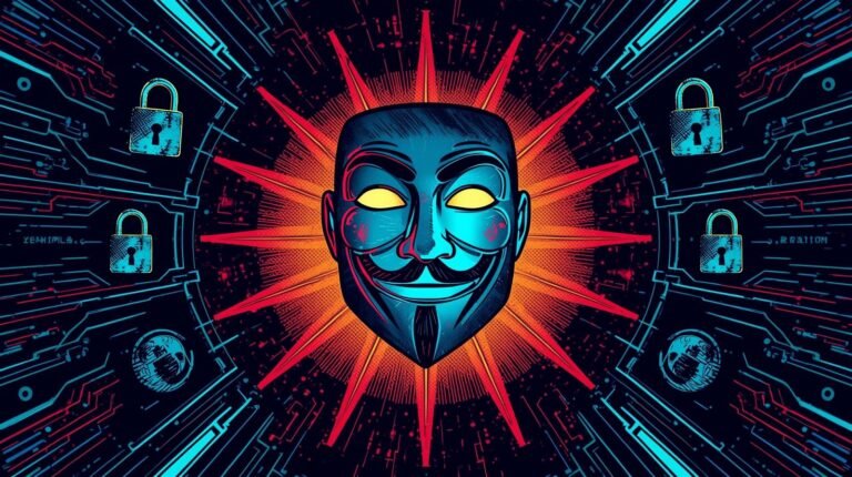 Colorful Guy Fawkes mask with digital circuit background symbolizing anonymity and digital resistance.
