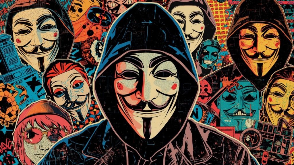 Anonymous figures in colorful Guy Fawkes masks, symbolizing rebellion and digital mystery.