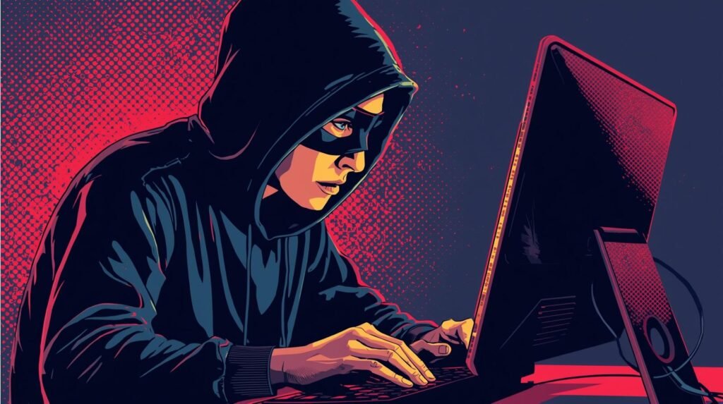 Hacker in hoodie and mask typing at computer, glowing screen, digital security theme.