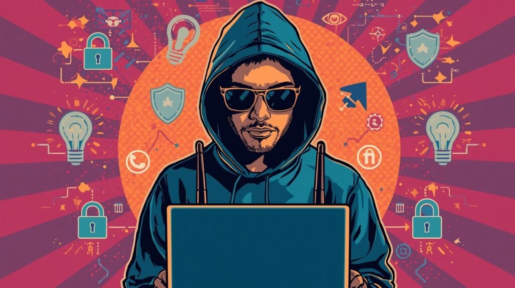 Best VPN Routers for Ethical Hacking Labs: Complete Guide 6 Hacker in hoodie with laptop, symbols of cybersecurity, innovation, and technology in vibrant backdrop.