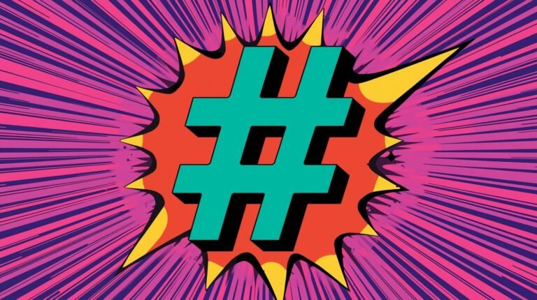 Pop art hashtag with vibrant colors and starburst design reflecting social media culture.