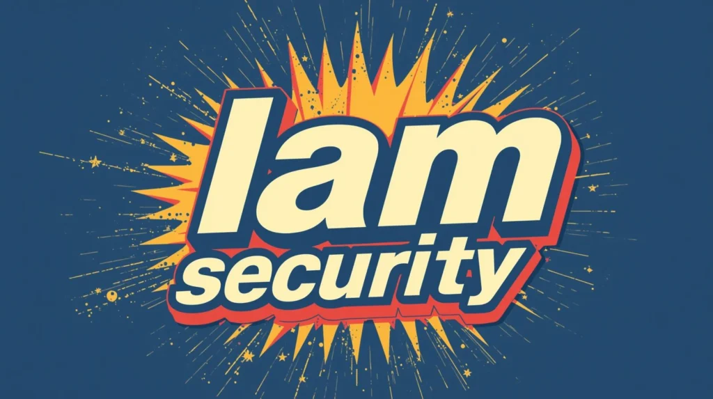 Bold I am security text with comic-style explosion in blue and yellow theme.