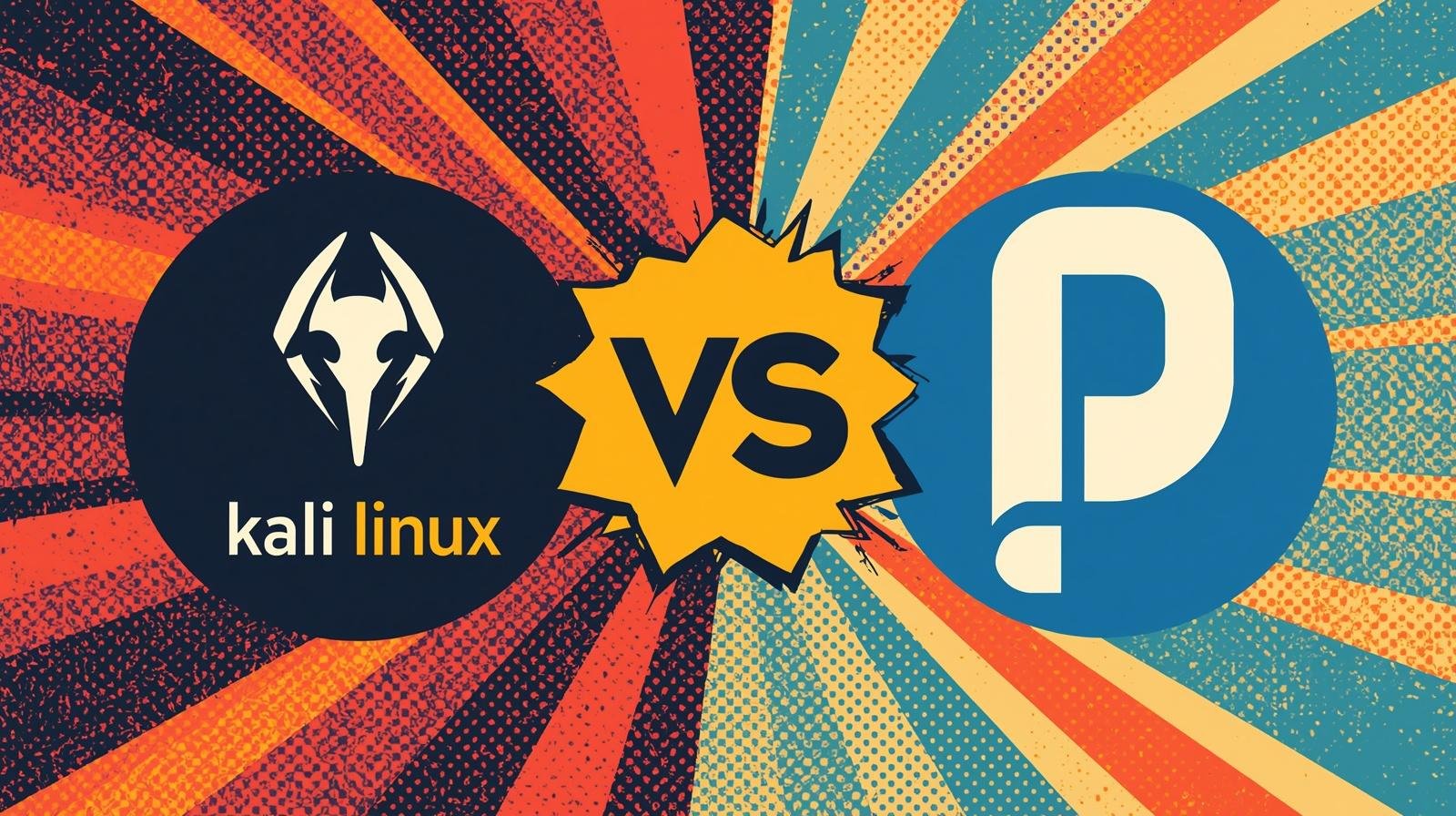 Kali Linux vs competitor logo in retro comic style with vibrant colors and explosive design.
