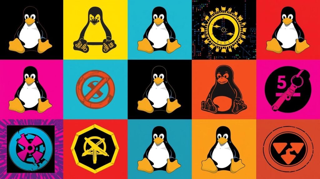 A vibrant 4x4 grid featuring diverse Tux penguin and tech-themed graphics.