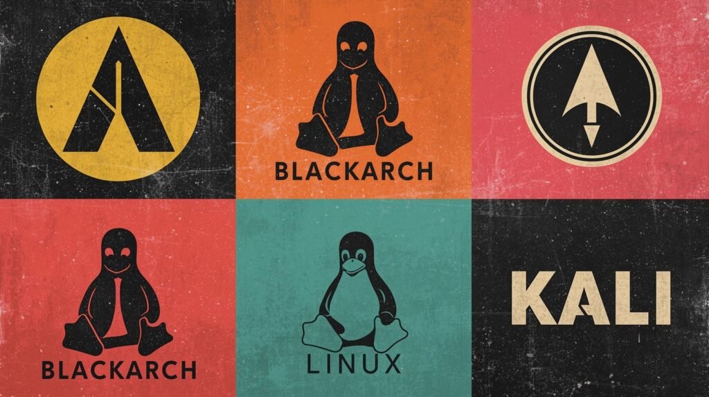 Linux distribution logos collage: BlackArch, Tux, and Kali, highlighting security and open-source themes.