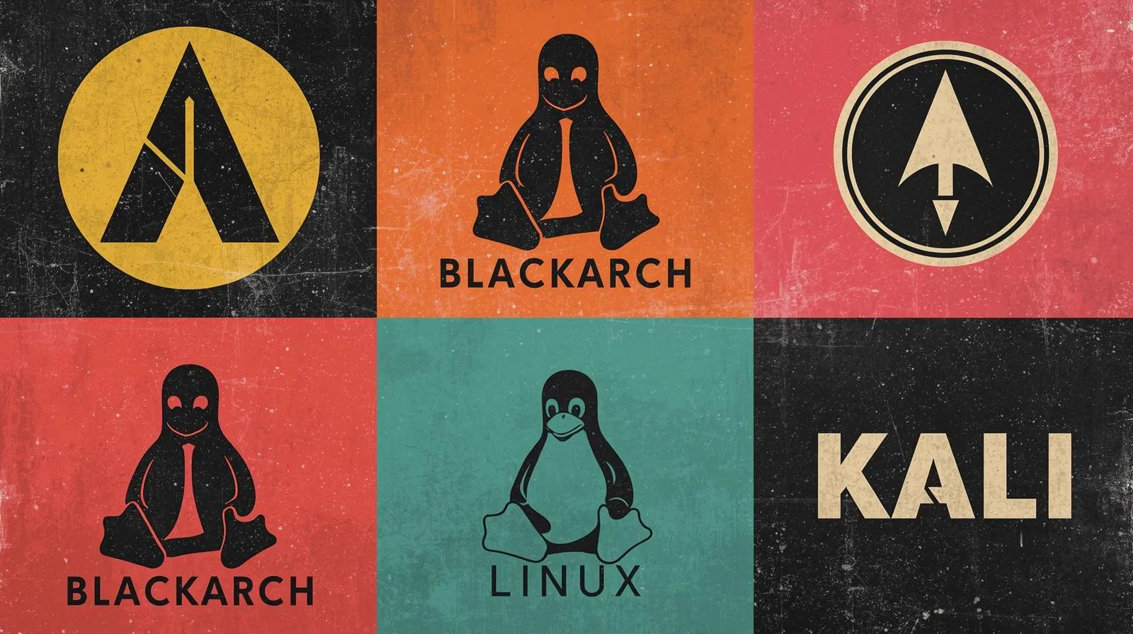 Linux distribution logos collage: BlackArch, Tux, and Kali, highlighting security and open-source themes.