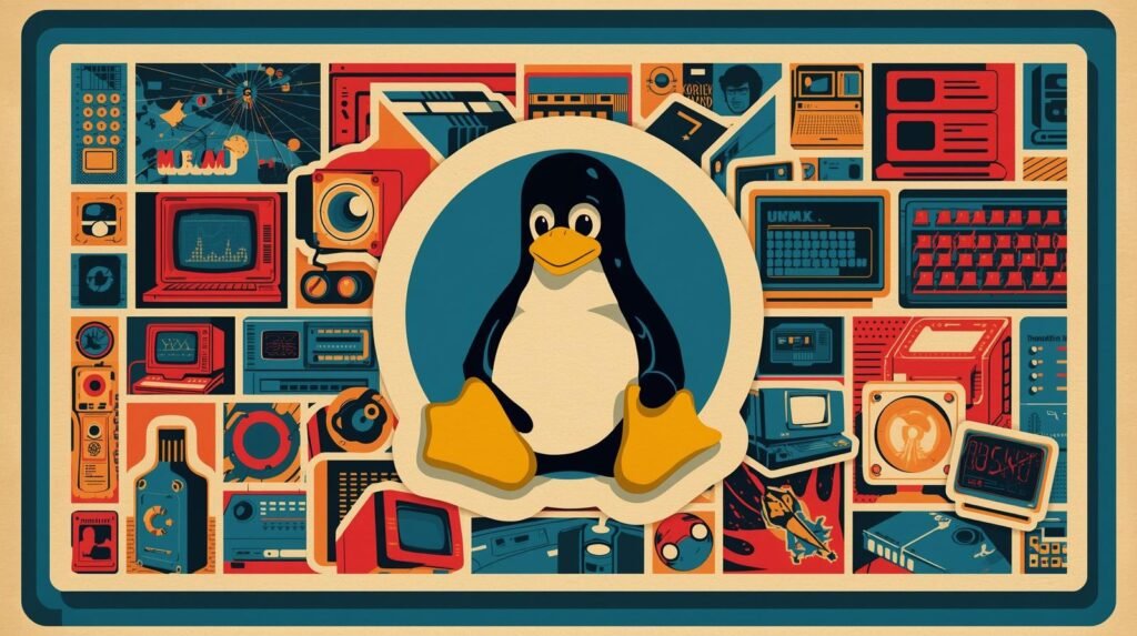 Retro-themed Linux Tux penguin illustration with vintage electronics and bright, nostalgic colors.