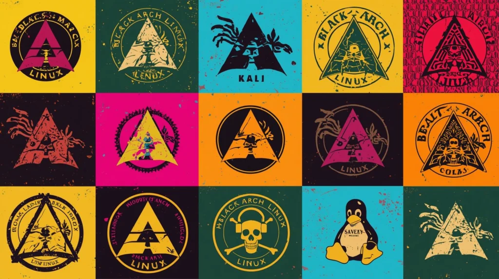 Collage of stylized Black Arch Linux designs with vibrant colors and symbolic motifs.