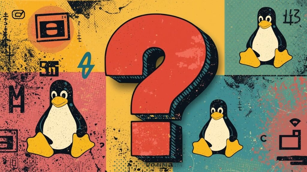 Colorful tech and pop art collage with Linux mascot, question mark, and digital symbols.