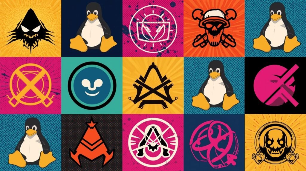 Colorful Linux Tux icon collage with tech and gaming motifs.