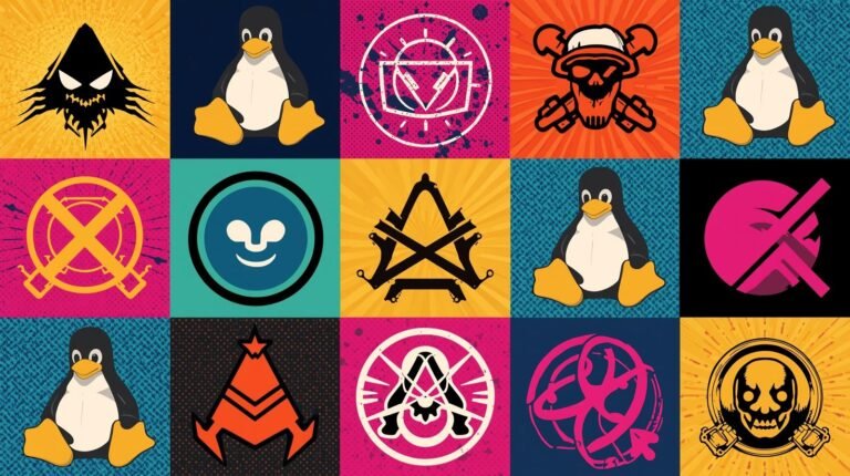 Why Kali Is Not Enough: 10 Ethical Hacking Distros With Very Different Purposes 🧩 7 Colorful Linux Tux icon collage with tech and gaming motifs.