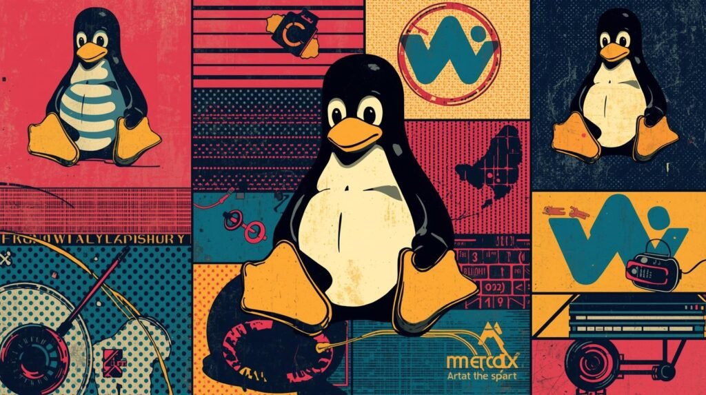 Vibrant Linux Tux collage with technology themes, pop-art style, and open-source elements.