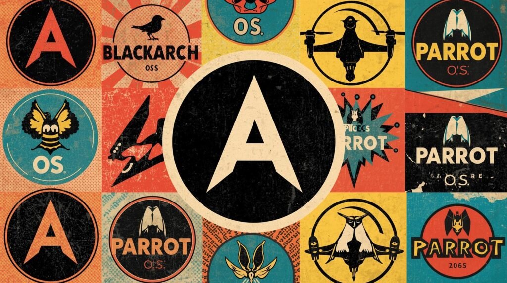 BlackArch vs Parrot OS: Which Ethical Hacking Distro Fits Your Workflow? 🧨 5 Vintage-style tech logos collage featuring retro aesthetics and bold color schemes.