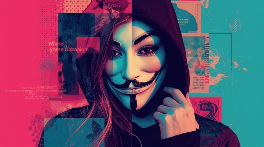 How People Accidentally Expose Themselves on the Dark Web 🕳️ 3 Anonymous person in vibrant mask, contrasting colors, digital art, mystery, identity, street aesthetics.