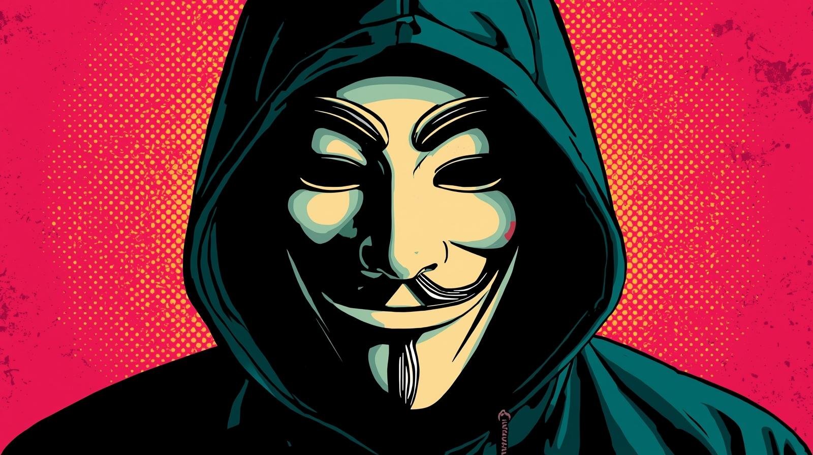 Hooded figure with a Guy Fawkes mask on red halftone background, symbolizing rebellion and mystery.