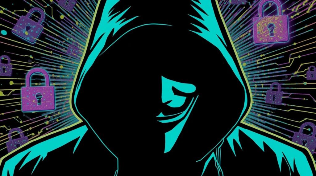 Anonymous Email from the Dark Web: What Actually Works (And What Fails)🔐 6 Mysterious hooded figure in vibrant digital landscape with padlocks, symbolizing cybersecurity and intrigue.
