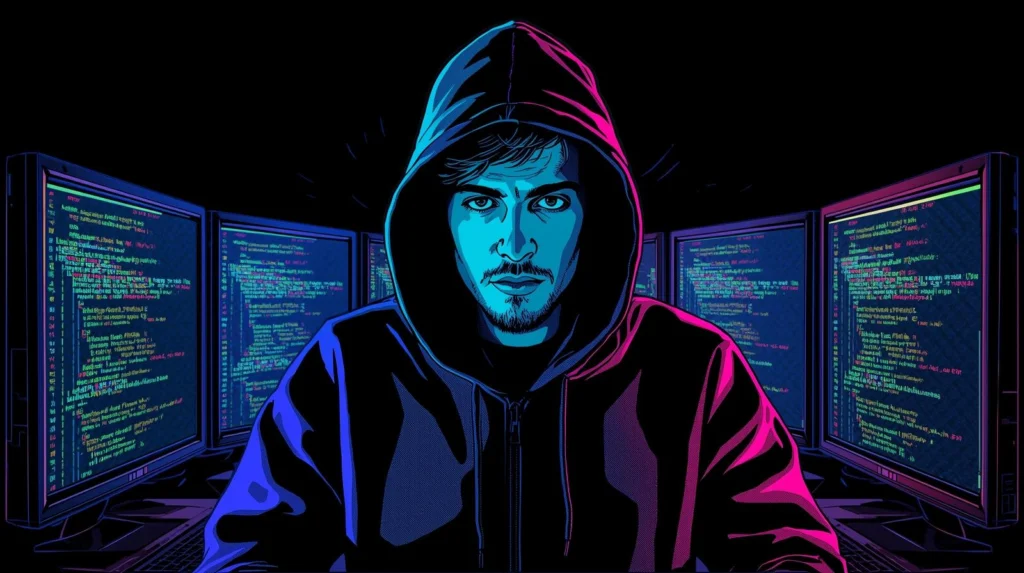 Hacker in hoodie surrounded by code-filled screens, digital art with intense blue and pink lighting.
