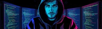 Hacker in hoodie surrounded by code-filled screens, digital art with intense blue and pink lighting.