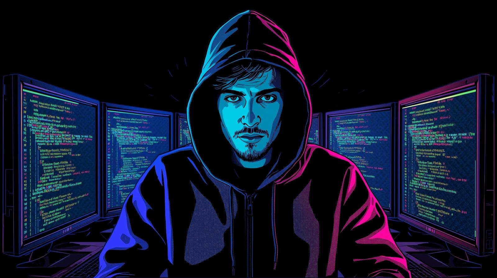Home Ethical Hacking Lab Mistakes: 9 Critical Errors Beginners Make 🧪 1 Hacker in hoodie surrounded by code-filled screens, digital art with intense blue and pink lighting.