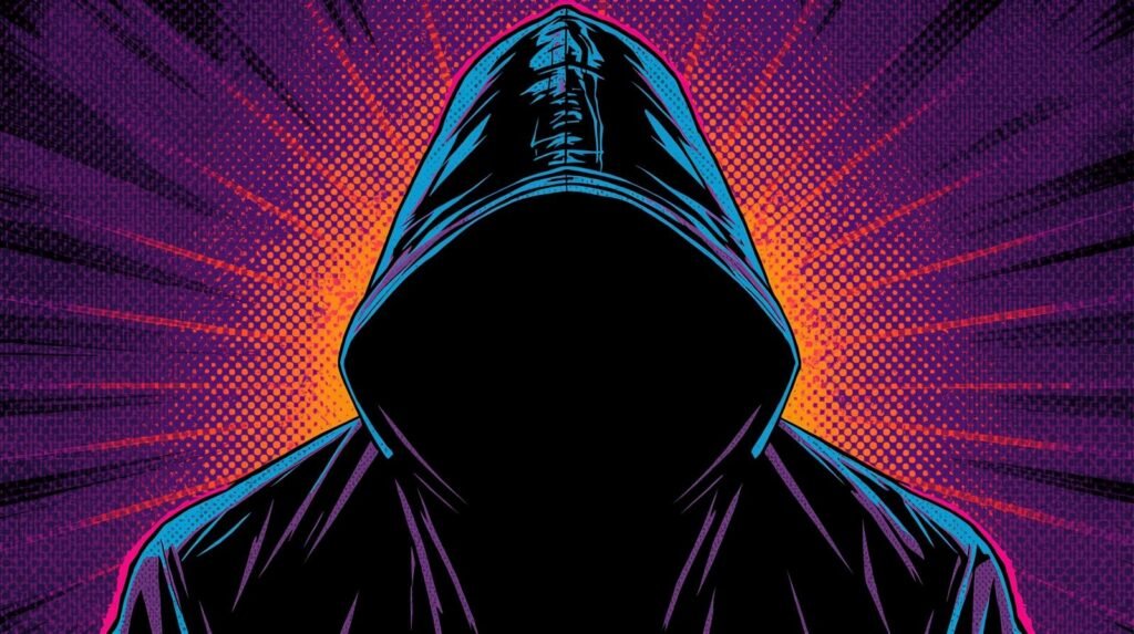 Why Most Dark Web Monitoring Fails 🕶️ 6 Hooded figure in colorful comic style, evoking mystery and intrigue with vibrant urban aesthetics.