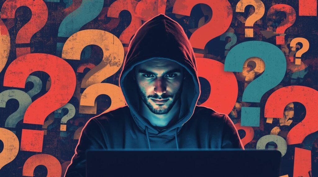 Home Ethical Hacking Lab Mistakes: 9 Critical Errors Beginners Make 🧪 7 Hooded figure using laptop, surrounded by colorful question marks, evoking mystery and intrigue.