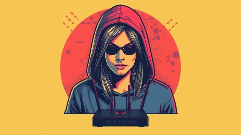 Best VPN Routers for Ethical Hacking Labs: Complete Guide 1 Hooded figure with router, sunglasses; cyber technology theme; vibrant red, yellow background.