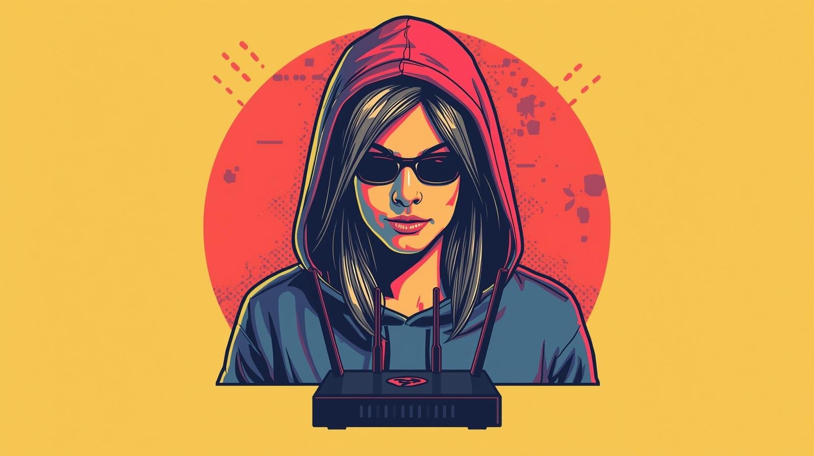Best VPN Routers for Ethical Hacking Labs: Complete Guide 1 Hooded figure with router, sunglasses; cyber technology theme; vibrant red, yellow background.