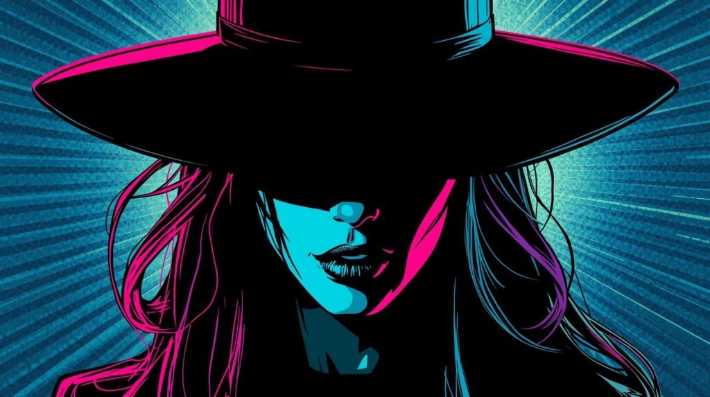 Why Most Dark Web Monitoring Fails 🕶️ 4 Mysterious neon figure in wide-brimmed hat, vibrant colors, digital art style.