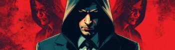 Mysterious man in suit with hood, intense red background, comic-book style.