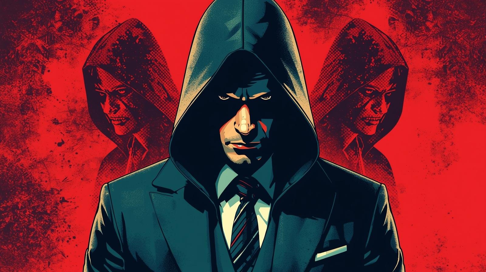 How People Accidentally Expose Themselves on the Dark Web 🕳️ 1 Mysterious man in suit with hood, intense red background, comic-book style.