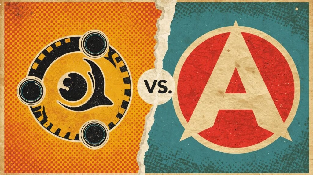 Vintage comic-style poster: bold yellow and teal backgrounds, retro symbols in a dynamic face-off.