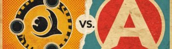 Vintage comic-style poster: bold yellow and teal backgrounds, retro symbols in a dynamic face-off.