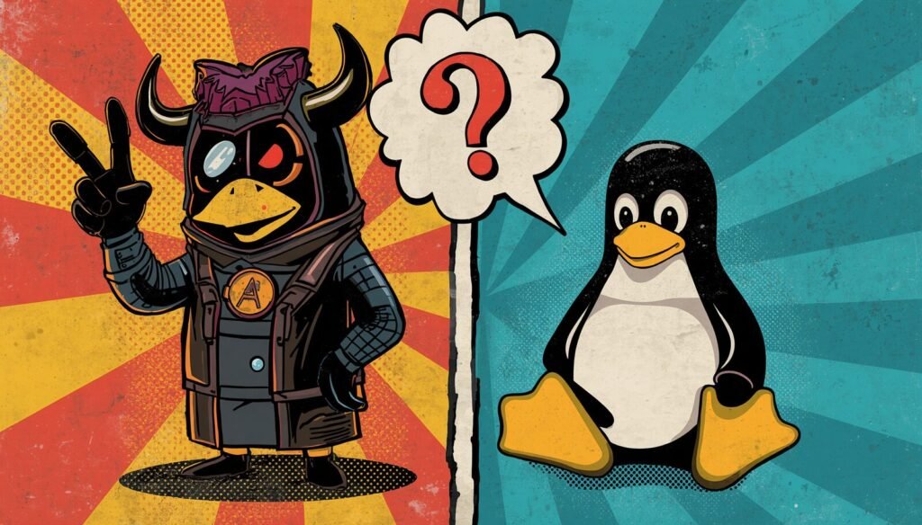 BlackArch Linux vs Kali penguin mascot comparison in retro split-panel comic art.