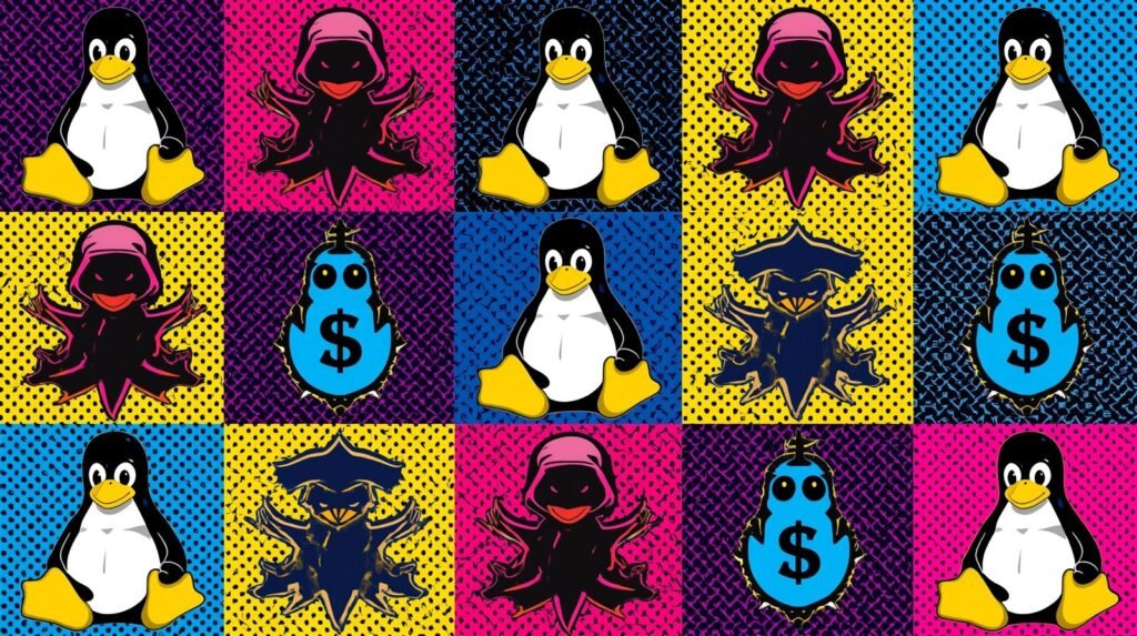 Pop art collage featuring colorful cartoon penguins and bold backgrounds.