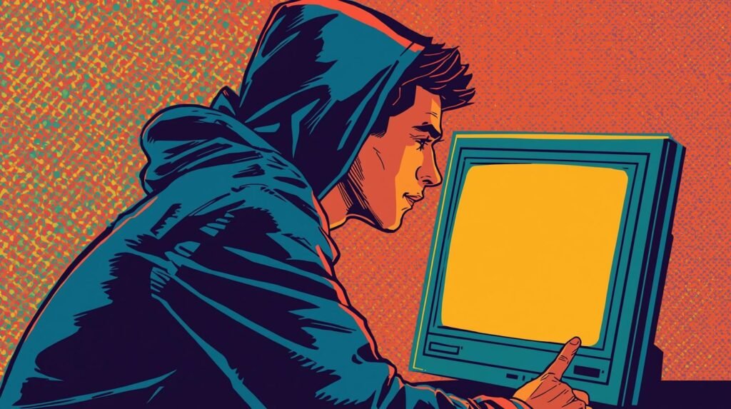 Hooded person focused on vintage computer; vibrant pop art style with blue and orange hues.