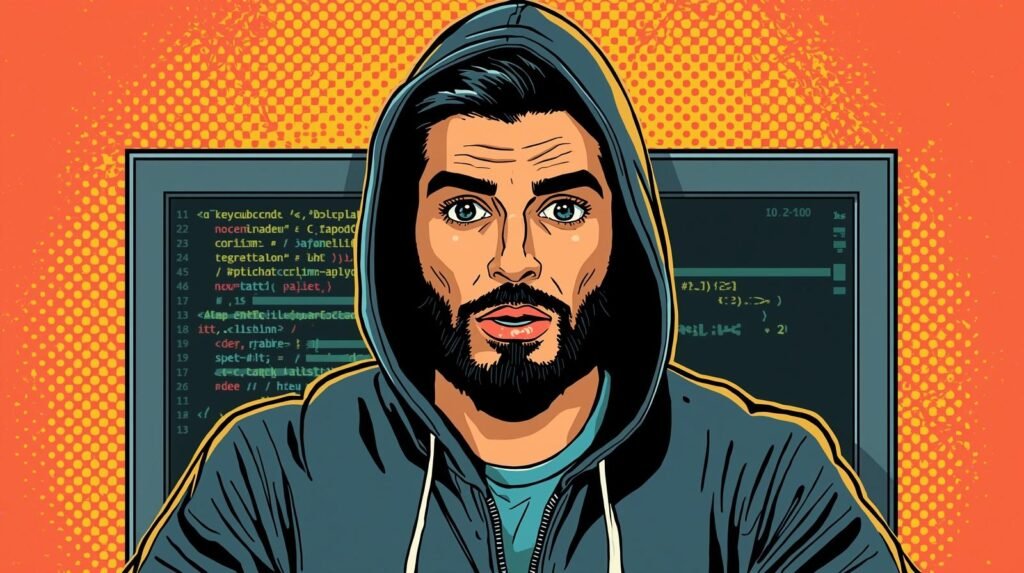 Why Your Kali VM Is Not Isolated (And How to Fix It Safely) 🧨 4 Pop art hacker with intense gaze coding on computer, vibrant digital environment.