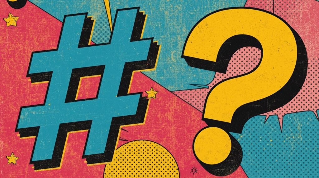 Pop-art-style image with blue hashtag, yellow question mark, vibrant background, and comic book textures.