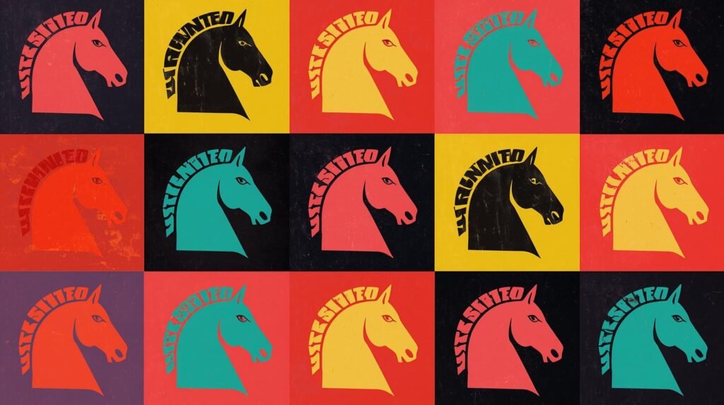 Pop art grid featuring colorful horse silhouettes and CROWNED in vibrant color variations.