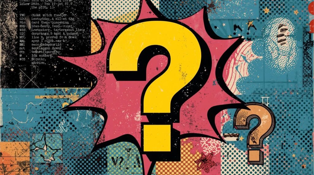 Pop art image with dynamic question marks and vibrant comic-style background.