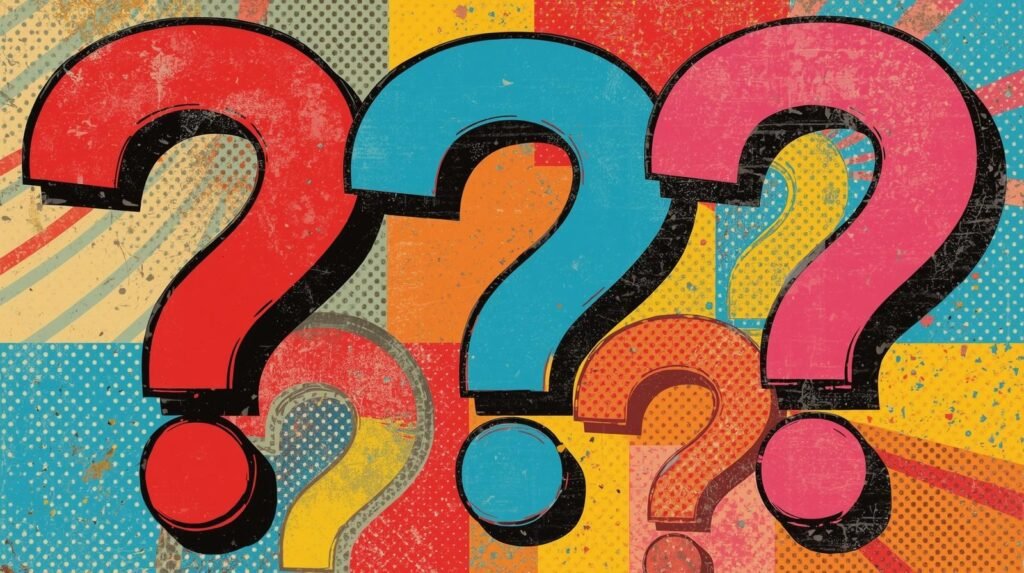 Pop art featuring colorful, textured question marks on a vintage-style background.