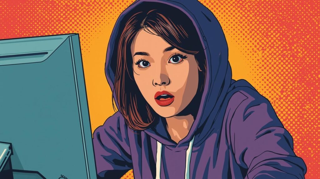 Why Your Kali VM Is Not Isolated (And How to Fix It Safely) 🧨 3 Young woman in purple hoodie surprised at computer, vivid pop-art style.