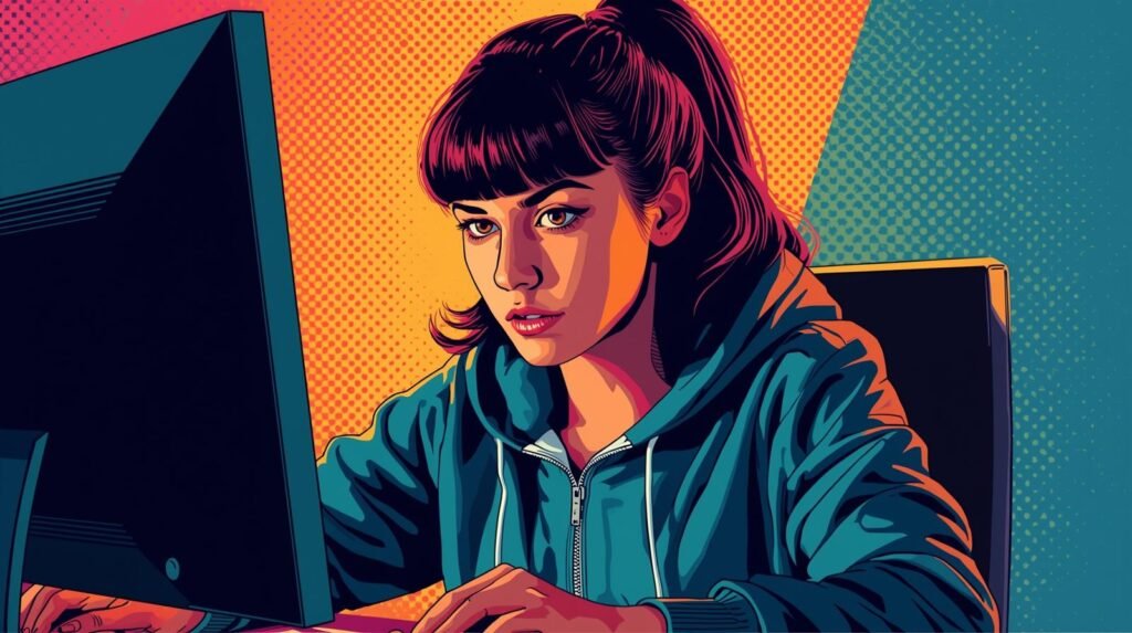 Pentesting Linux Distros for Beginners: What No One Warns You About 🧠 3 Focused woman in pop art style, engaged with computer, surrounded by vibrant orange and teal background.